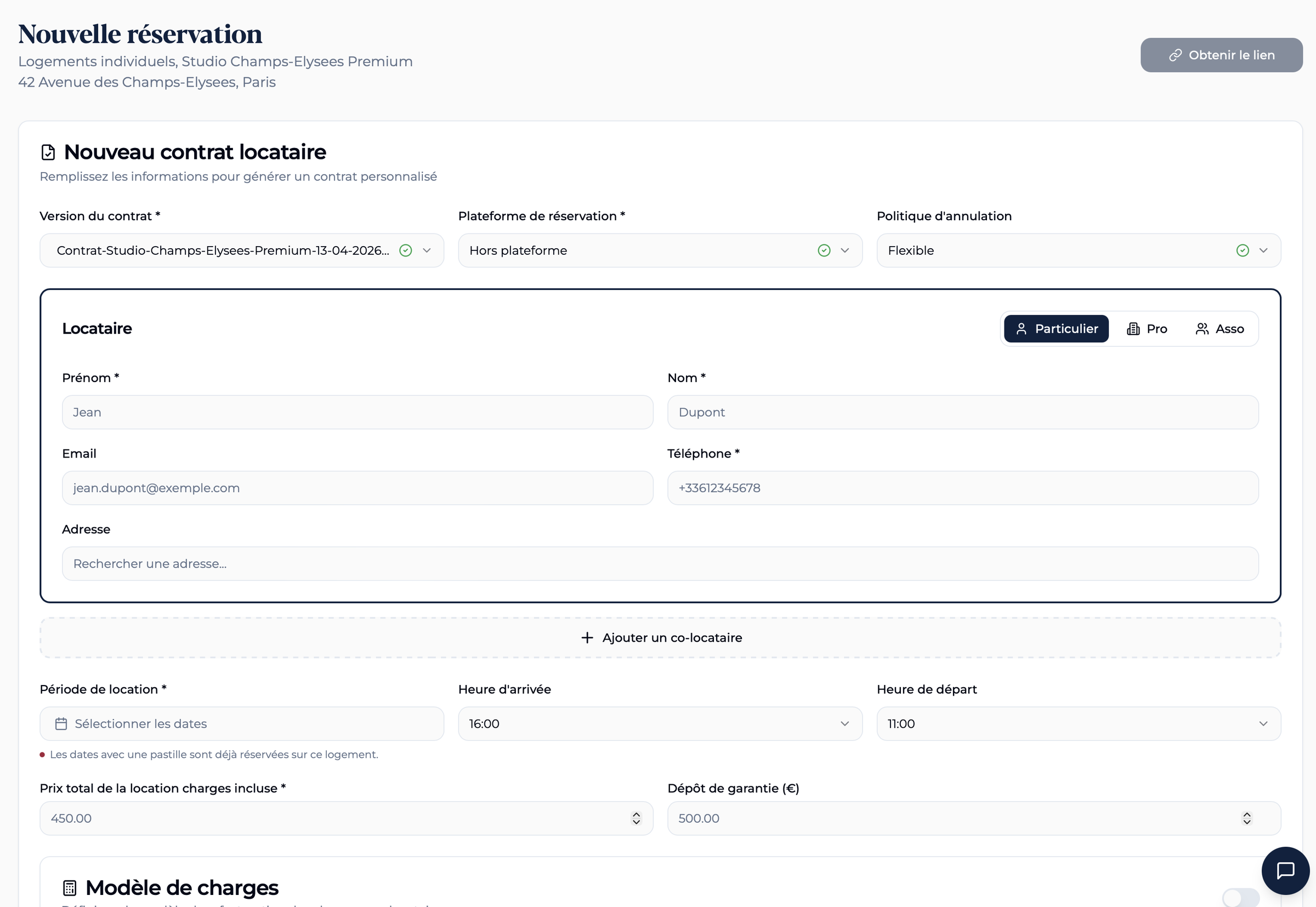 L'écran de génération de contrat, avec le formulaire guidé, les dates du séjour, la taxe de séjour calculée et le choix du niveau de signature.