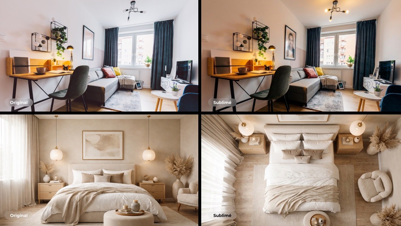 Deux comparaisons avant/après de photos de logement retravaillées par Lumen, un salon-bureau et une chambre.