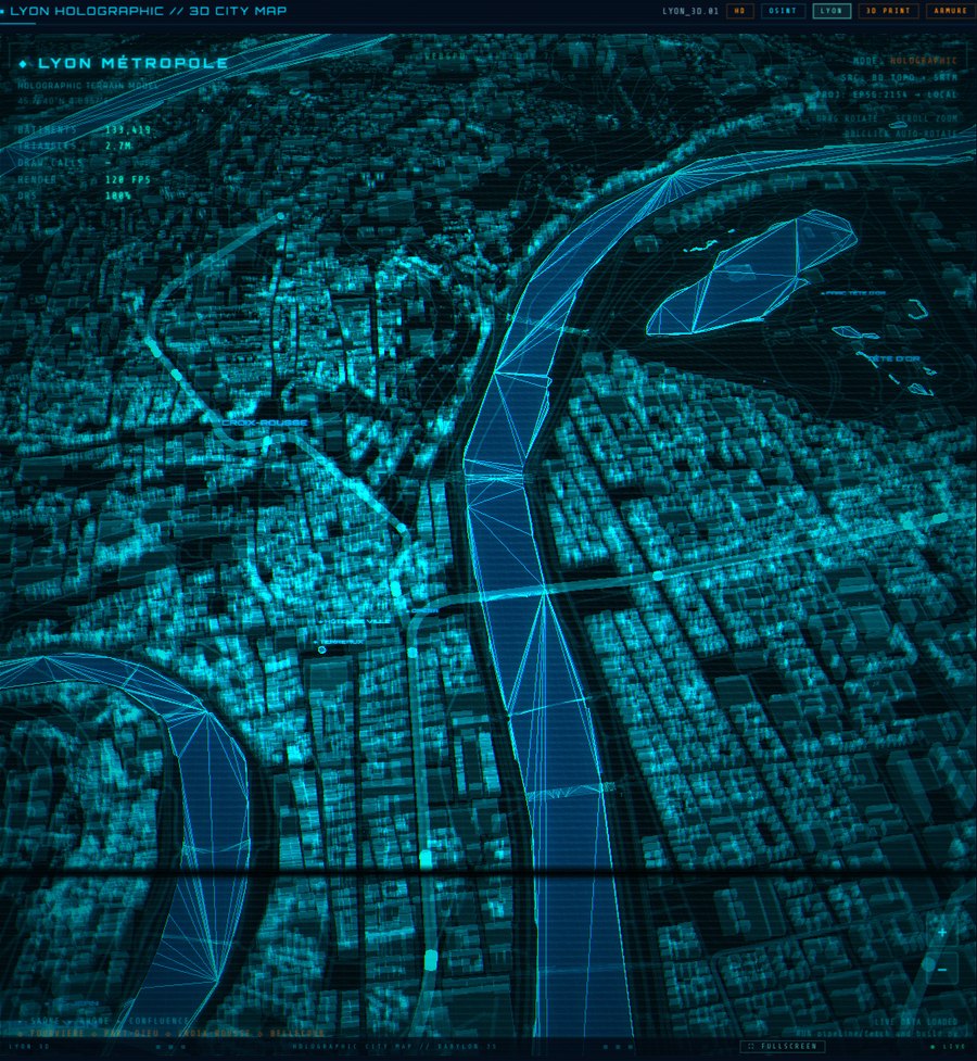 Le panneau central affichant une maquette holographique de Lyon en trois dimensions.
