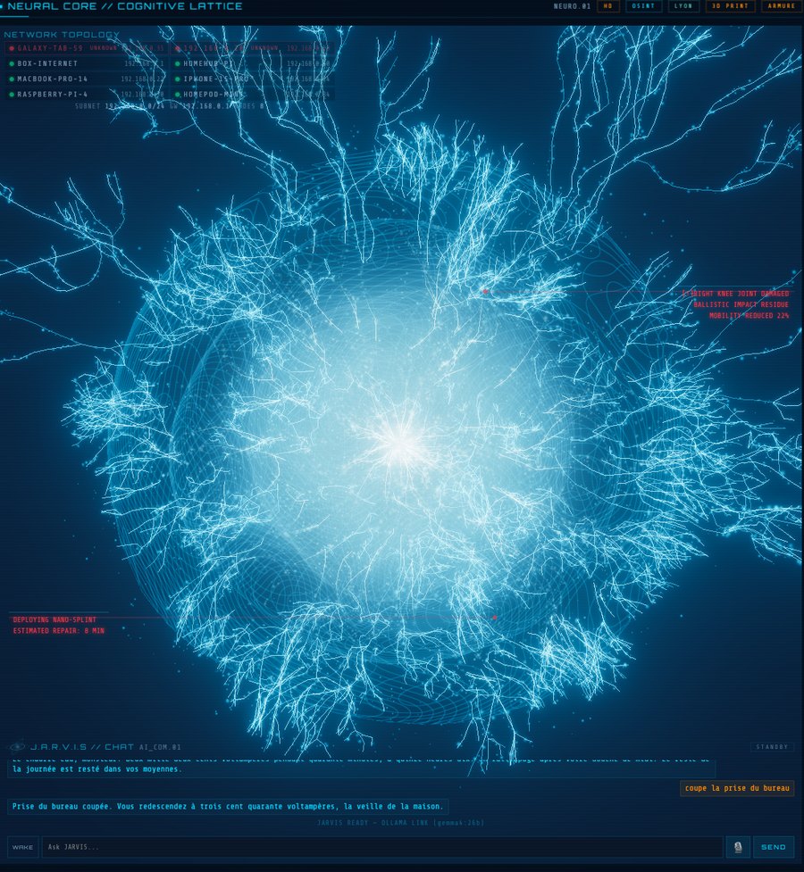 Le panneau central affichant un réseau de particules animé en trois dimensions.