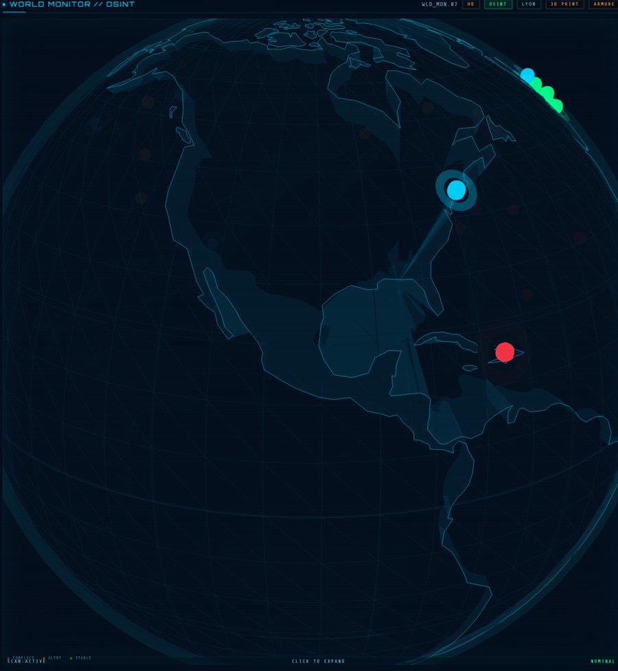 Le panneau central affichant un globe terrestre en fil de fer avec des marqueurs d'événements.