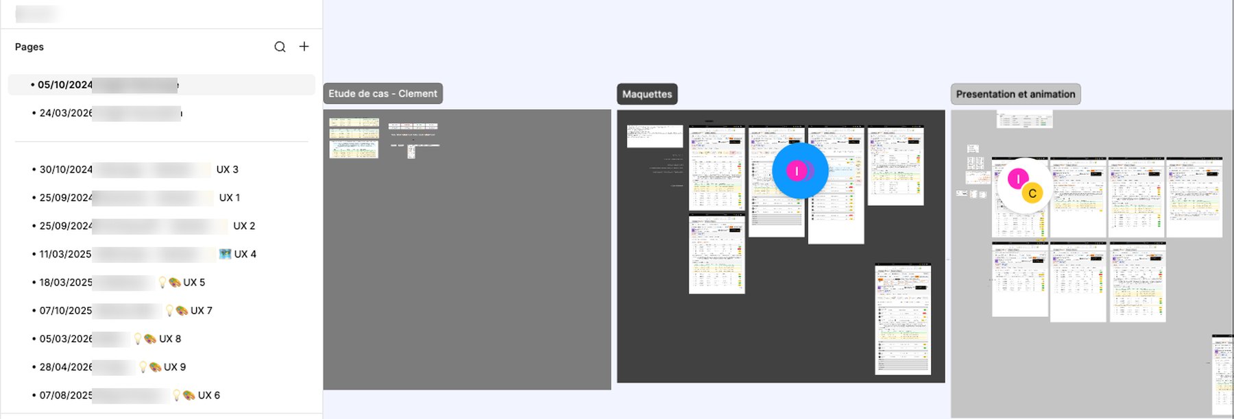 Le fichier Figma ouvert, avec la liste des pages numérotées de UX 1 à UX 9 dans la barre latérale et, sur le plan de travail, les cadres consacrés à l'étude de cas, aux maquettes et à la présentation.